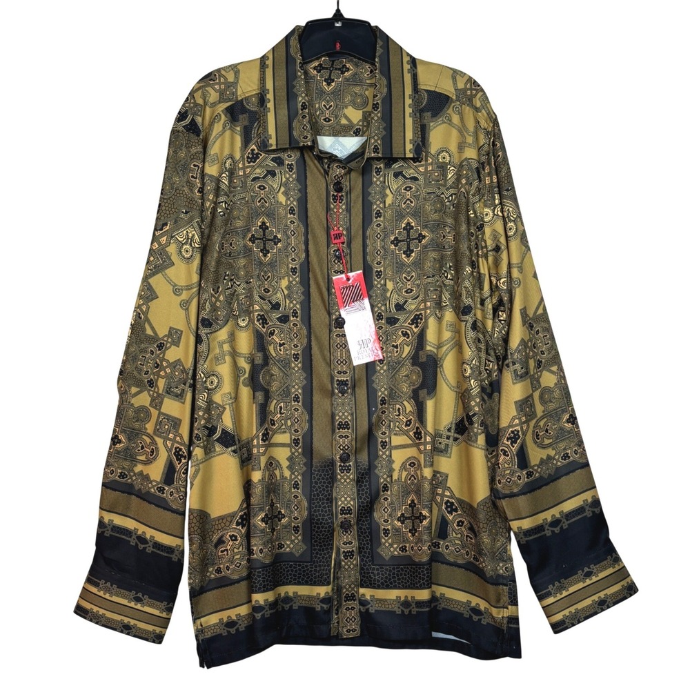 Royal Prestige Mens 2XL Latte Gold Black Geometric Baroque Rayon Shirt NWT